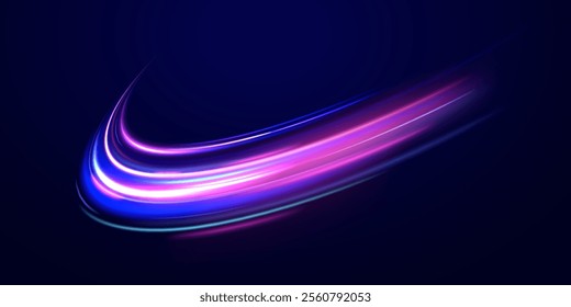 Abstract neon light motorway background. Magic bright shine glow of energy lines, shiny swirl power waves flow, electric trail glowing in dark background. Effect, png, wave,neon,line, speed, wavy, 