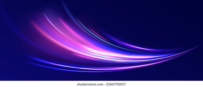 Abstract neon light motorway background. Magic bright shine glow of energy lines, shiny swirl power waves flow, electric trail glowing in dark background. Effect, png, wave,neon,line, speed, wavy, 