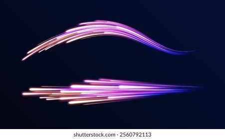 Abstract neon light motorway background. Magic bright shine glow of energy lines, shiny swirl power waves flow, electric trail glowing in dark background. Effect, png, wave,neon,line, speed, wavy, 