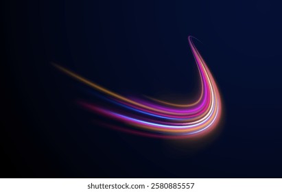 Abstract neon light motorway background. Light arc in neon colors, in the form of a turn. Magic bright shine glow of energy lines, shiny swirl power waves flow, electric trail glowing in dark backgrou