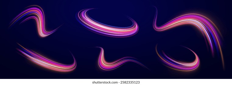 Abstract neon light motorway background. Light arc in neon colors, in the form of a turn. Magic bright shine glow of energy lines, shiny swirl power waves flow, electric trail glowing in dark backgrou