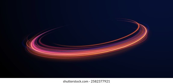 Abstract neon light motorway background. Light arc in neon colors, in the form of a turn. Magic bright shine glow of energy lines, shiny swirl power waves flow, electric trail glowing in dark backgrou