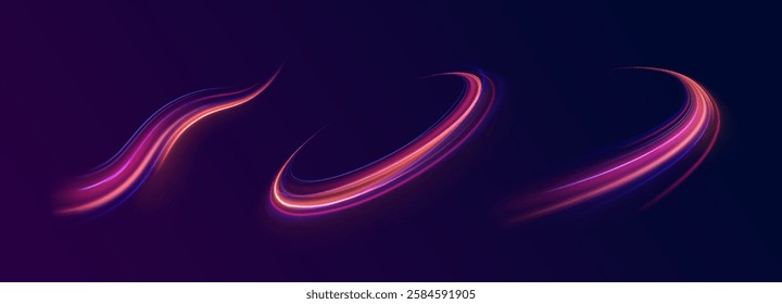 Abstract neon light motorway background. Light arc in neon colors, in the form of a turn. Magic bright shine glow of energy lines, shiny swirl power waves flow, electric trail glowing in dark backgrou