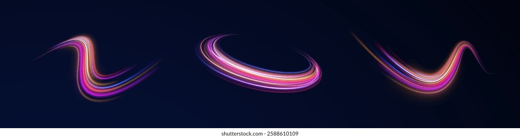 Abstract neon light motorway background. Light arc in neon colors, in the form of a turn. Magic bright shine glow of energy lines, shiny swirl power waves flow, electric trail glowing in dark backgrou