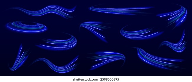 Abstract neon light motorway background. Magic bright shine glow of energy lines, shiny swirl power waves flow, electric trail glowing in dark background.