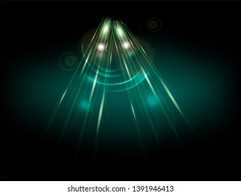 Abstract neon light radius. Radius luminous swirling on black background. Shine circles round frame with neon light lines glowing green. Vector illustration.