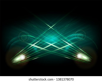 Abstract neon light radius. shine circles round frame with neon light lines glowing green. Radius luminous swirling on black background. Vector illustration.