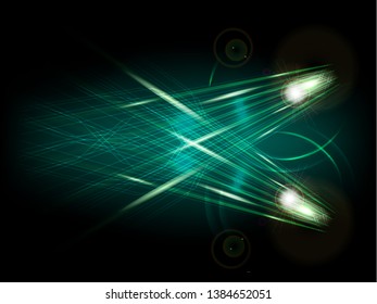 Abstract neon light radius. shine circles round frame with neon light lines glowing green. Radius luminous swirling on black background. Vector illustration.