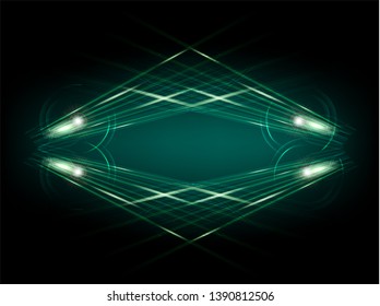 Abstract neon light radius. shine circles round frame with neon light lines glowing green. Radius luminous swirling on black background. Vector illustration.