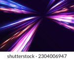 Abstract neon light rays background. A Colorful Motion Background of City Light Trails. Purple glowing wave swirl, impulse cable lines. Long time exposure. Vector	