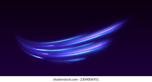 Abstract neon light rays background. A Colorful Motion Background of City Light Trails. Purple glowing wave swirl, impulse cable lines. Long time exposure. Vector	