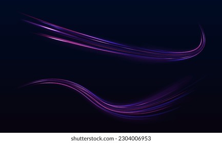 Abstract neon light rays background. A Colorful Motion Background of City Light Trails. Purple glowing wave swirl, impulse cable lines. Long time exposure. Vector	