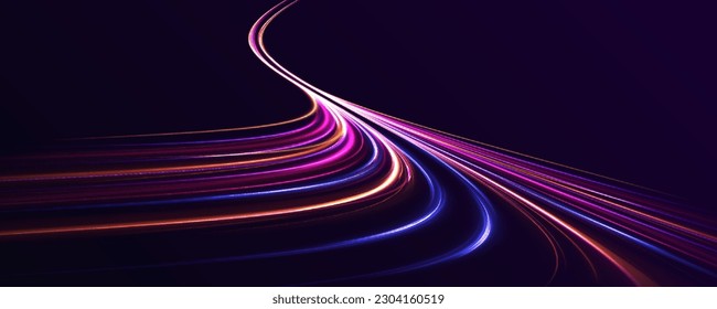 Abstract neon light rays background. A Colorful Motion Background of City Light Trails. Purple glowing wave swirl, impulse cable lines. Long time exposure. Vector	