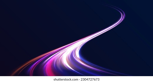 Abstract neon light rays background. A Colorful Motion Background of City Light Trails. Purple glowing wave swirl, impulse cable lines. Long time exposure. Vector	