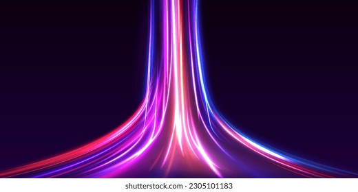 Abstract neon light rays background. A Colorful Motion Background of City Light Trails. Purple glowing wave swirl, impulse cable lines. Long time exposure. Vector	