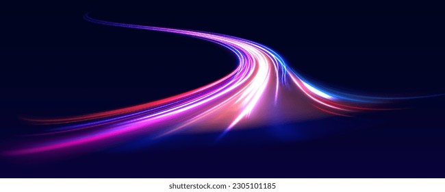 Abstract neon light rays background. A Colorful Motion Background of City Light Trails. Purple glowing wave swirl, impulse cable lines. Long time exposure. Vector	