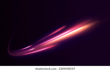 Abstract neon light rays background. A Colorful Motion Background of City Light Trails. Purple glowing wave swirl, impulse cable lines. Long time exposure. Vector	