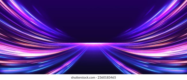 Abstract neon light rays background. A Colorful Motion Background of City Light Trails. Purple glowing wave swirl, impulse cable lines. Long time exposure. Vector	