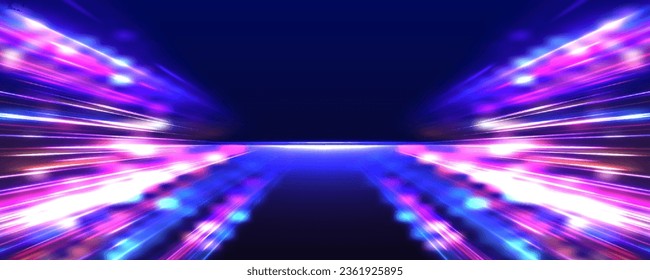 Abstract neon light rays background. A Colorful Motion Background of City Light Trails. Purple glowing wave swirl, impulse cable lines. Long time exposure. Vector	