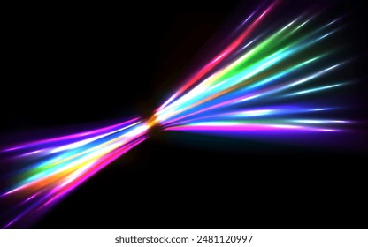 Abstract neon light rays background. A Colorful Motion Background of City Light Trails. Purple glowing wave swirl, impulse cable lines. Long time exposure. Vector background.