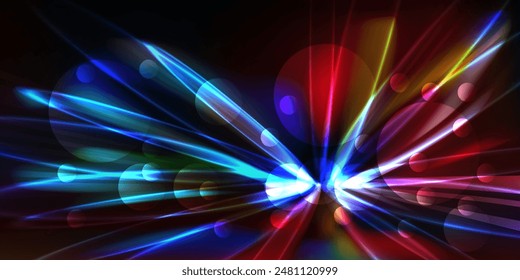 Abstract neon light rays background. A Colorful Motion Background of City Light Trails. Purple glowing wave swirl, impulse cable lines. Long time exposure. Vector background.