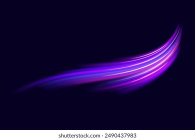 Abstract neon light rays background. A Colorful Motion Background of City Light Trails. Purple glowing wave swirl, impulse cable lines. Long time exposure. Vector