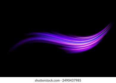 Abstract neon light rays background. A Colorful Motion Background of City Light Trails. Purple glowing wave swirl, impulse cable lines. Long time exposure. Vector