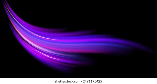  Abstract neon light rays background. A Colorful Motion Background of City Light Trails. Purple glowing wave swirl, impulse cable lines. Long time exposure. Vector