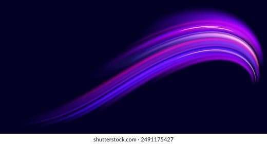  Abstract neon light rays background. A Colorful Motion Background of City Light Trails. Purple glowing wave swirl, impulse cable lines. Long time exposure. Vector