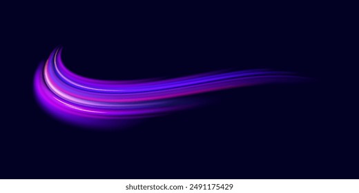  Abstract neon light rays background. A Colorful Motion Background of City Light Trails. Purple glowing wave swirl, impulse cable lines. Long time exposure. Vector