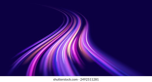 Abstract neon light rays background. A Colorful Motion Background of City Light Trails. Purple glowing wave swirl, impulse cable lines. Long time exposure. Vector