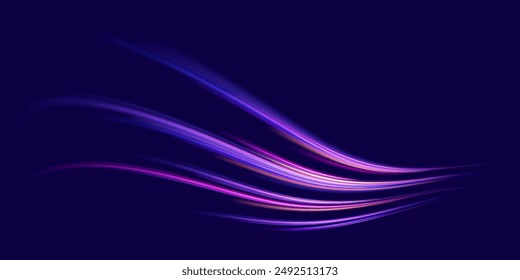 Abstract neon light rays background. A Colorful Motion Background of City Light Trails. Purple glowing wave swirl, impulse cable lines. Long time exposure. Vector