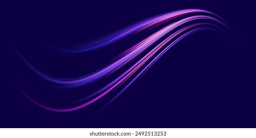 Abstract neon light rays background. A Colorful Motion Background of City Light Trails. Purple glowing wave swirl, impulse cable lines. Long time exposure. Vector