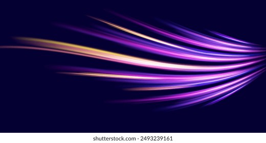 Abstract neon light rays background. A Colorful Motion Background of City Light Trails. Purple glowing wave swirl, impulse cable lines. Long time exposure. Vector