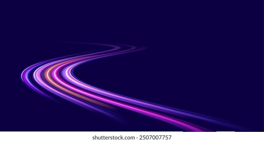 Abstract neon light rays background. A Colorful Motion Background of City Light Trails. Purple glowing wave swirl, impulse cable lines. 