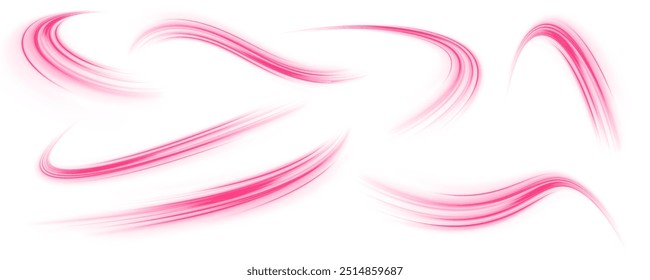 Abstract neon light rays background. A colorful motion background of city light trails. Futuristic technology dynamic motion neon line on white transparent background PNG.	