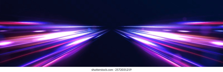 Abstract neon light rays background. A colorful motion background of city light trails. Purple glowing wave swirl, impulse cable lines. Long time exposure.	