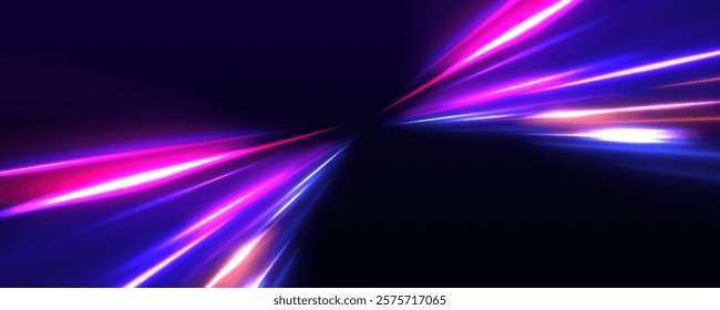 Abstract neon light rays background. A colorful motion background of city light trails. Purple glowing wave swirl, impulse cable lines. Long time exposure.	