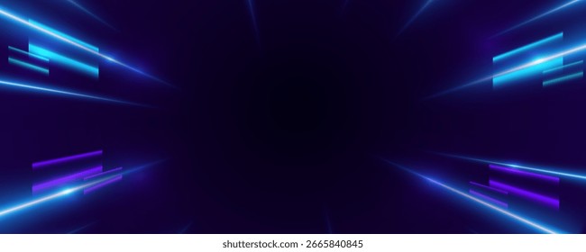 Raios de luz de néon abstratos sobre um fundo escuro