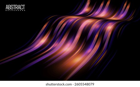 Abstract neon light rays with vibrant city motion trails. Glowing purple wave swirls and dynamic cable lines. Stunning long-exposure effect for a colorful futuristic vector backdrop.