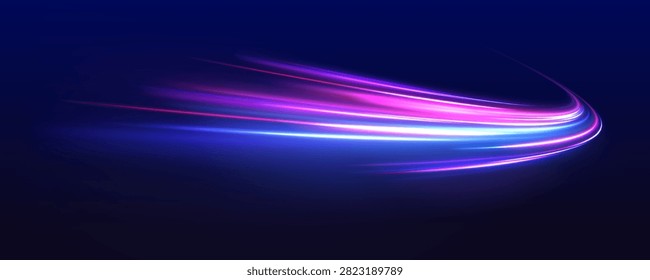 Abstract neon light streaks in pink and blue on dark background creating dynamic futuristic glowing trail on transparent background