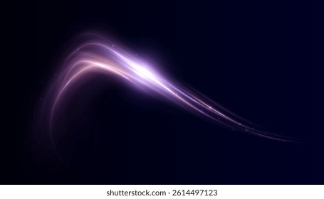 Abstract neon light stream in violet and white with shimmer particles on dark background. Suitable for sci-fi visuals, energy effects, and futuristic digital interface designs.

