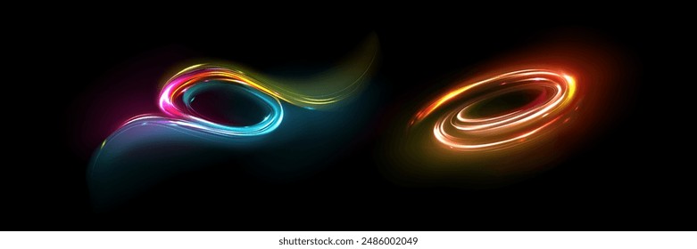 Abstract neon light swirls set isolated on black background. Vector realistic illustration of yellow, blue, orange color vortex, magic energy speed effect, futuristic portal, shiny luminous trails