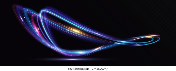 Abstract neon light trails forming a smooth dynamic curve, symbolizing speed, energy flow and futuristic motion on a dark background.
