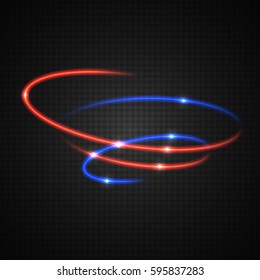 Abstract neon light of two colors moving in a spiral. Transparent vector illustration