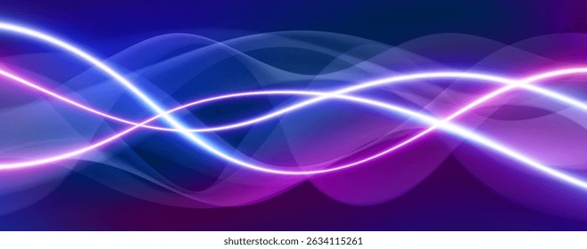 Abstract neon light waves - glowing curved lines flowing on dark background, vibrant blue, pink and purple colors. Futuristic trail technology style. Energy or sound visualization, music rhythm.