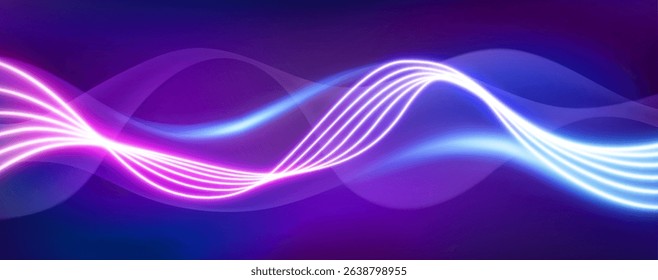 Abstract neon light waves - glowing curved lines flowing on dark background, vibrant blue, pink and purple colors. Futuristic trail technology style. Energy or sound visualization, music rhythm.