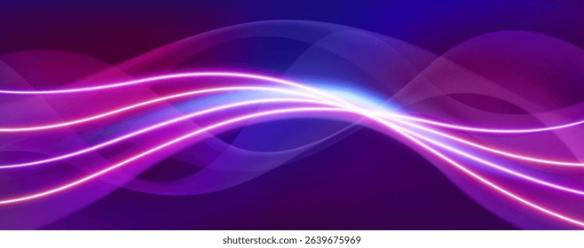 Abstract neon light waves - glowing curved lines flowing on dark background, vibrant blue, pink and purple colors. Futuristic trail technology style. Energy or sound visualization, music rhythm.