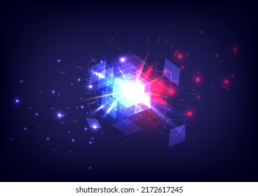 Abstract neon lighting background. Cube explosion. Ray and sparking box. Luminous electron. Cosmic power. Energy particle of unboxing