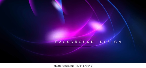 Abstractas luces de neón crean vibrantes Gradientes púrpuras y azules. El diseño moderno presenta curvas fluidas, fondo oscuro. El texto lee el diseño de fondo.